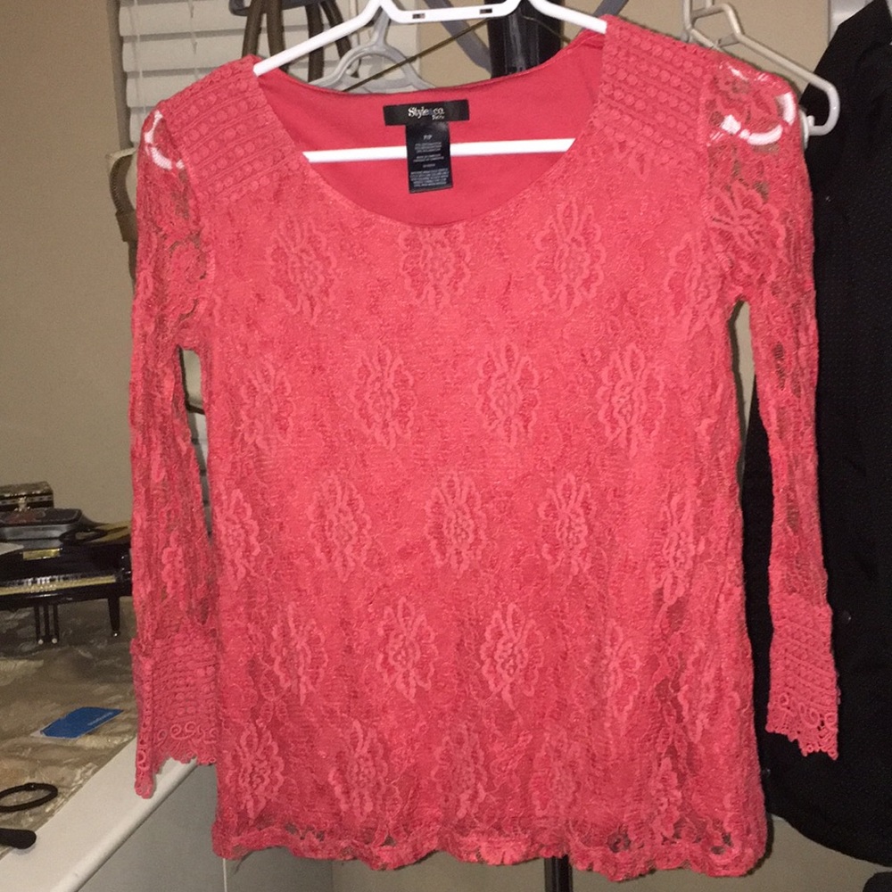 Style & Co coral red 3/4 sleeve lace blouse
